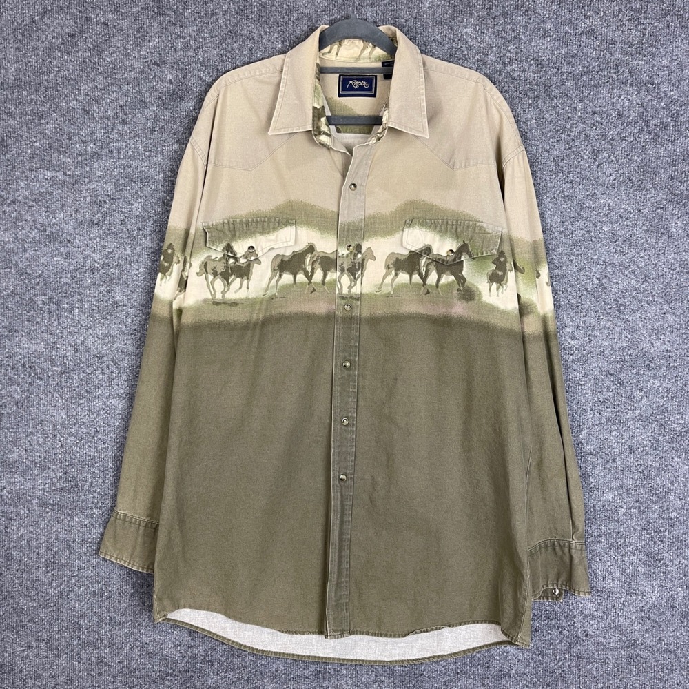 Vintage Roper Western Shirt XL Green Horse Print Pearl Snap Long Sleeve Cotton